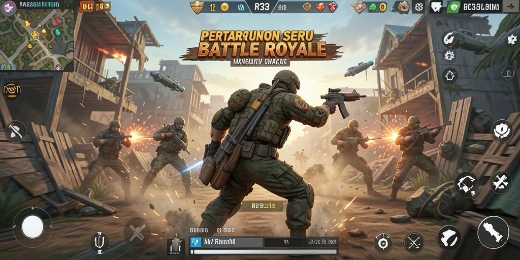 Screenshot utama RR33 menampilkan pertempuran Battle Royale yang mendebarkan.